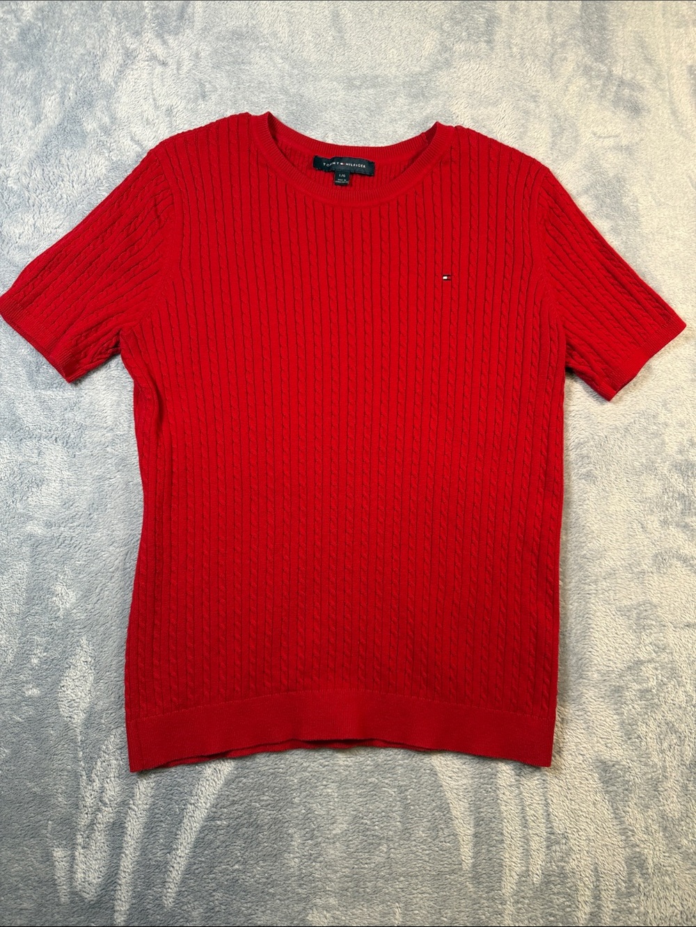 Tommy Hilfiger Red Cable Knit Short Sleeve Crewneck Sweater